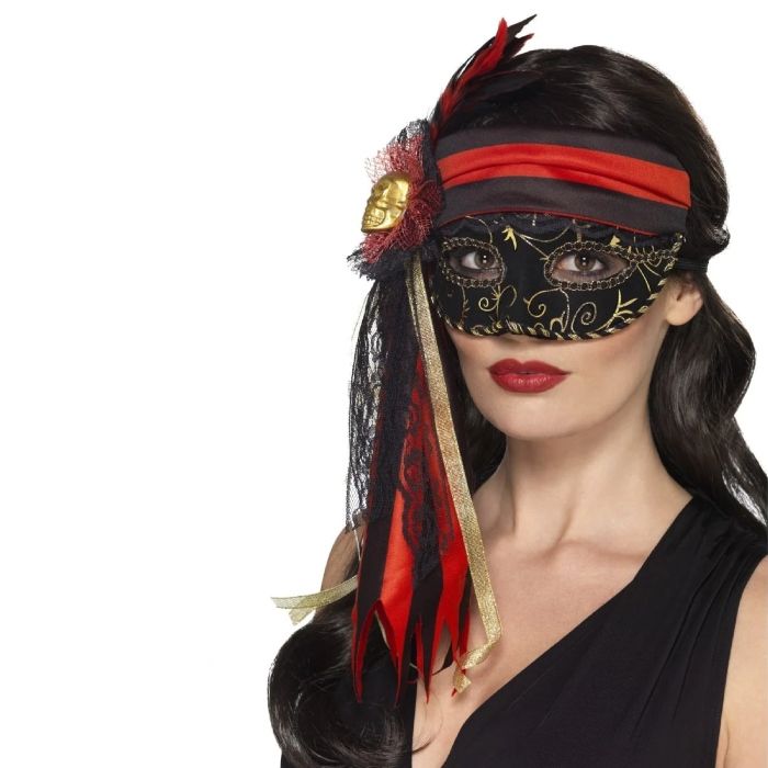 Augenmaske mit goldenem Totenkopf und Schleier