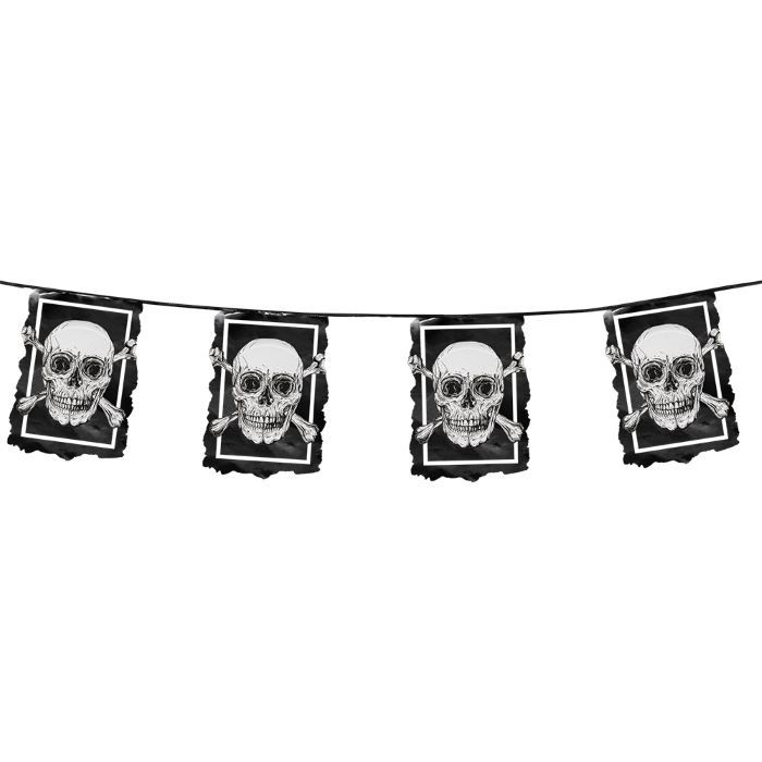 Schwarze Totenkopf-Girlande mit quadratischen Flaggen - 6 m