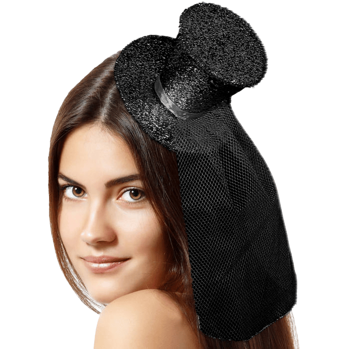 Schwarzer Mini-Glitter-Zylinderhut mit Schleier