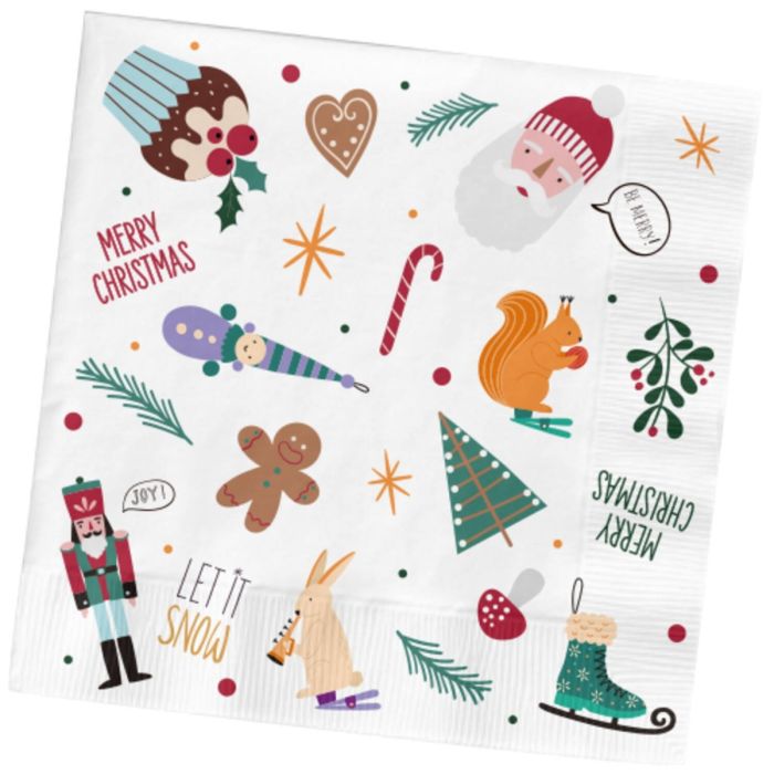 Weiße Weihnachtsservietten mit Weihnachtsmotiven 20x - 33x33 cm