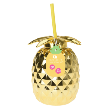 Gold ananasförmiges Cocktailglas m. Strohhalm - 750 ml