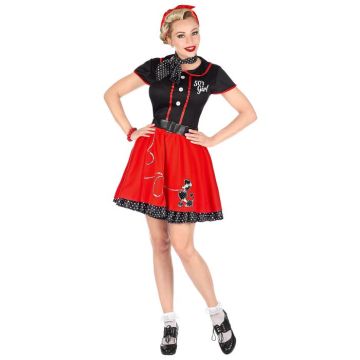 Schwarz und rotes 50er Jahre Kleid Kostüm mit Pudelmotiv - 4 Teile
