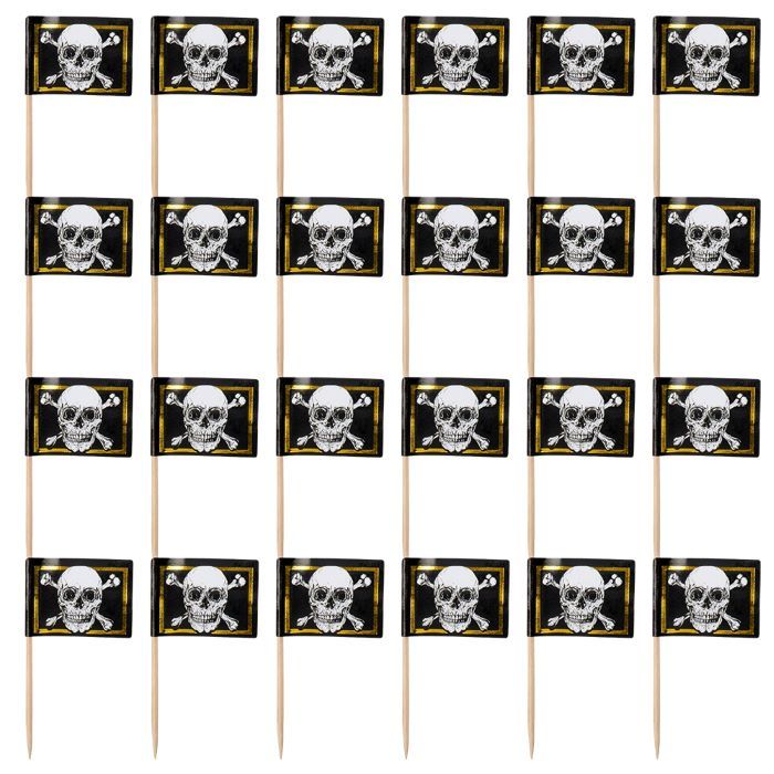 Schaschlikspieße mit Totenkopf-Flagge 24x - 7 cm