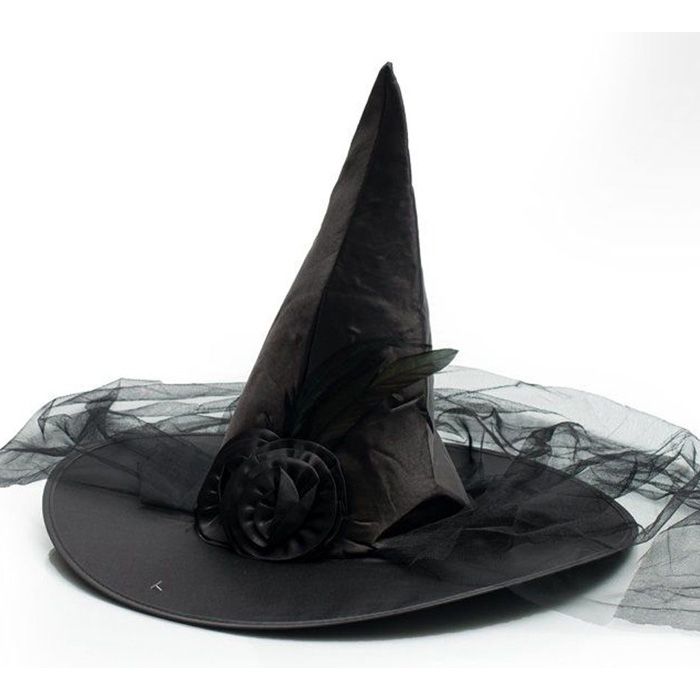 Schwarzer Hexenhut mit Schleier und Blumen