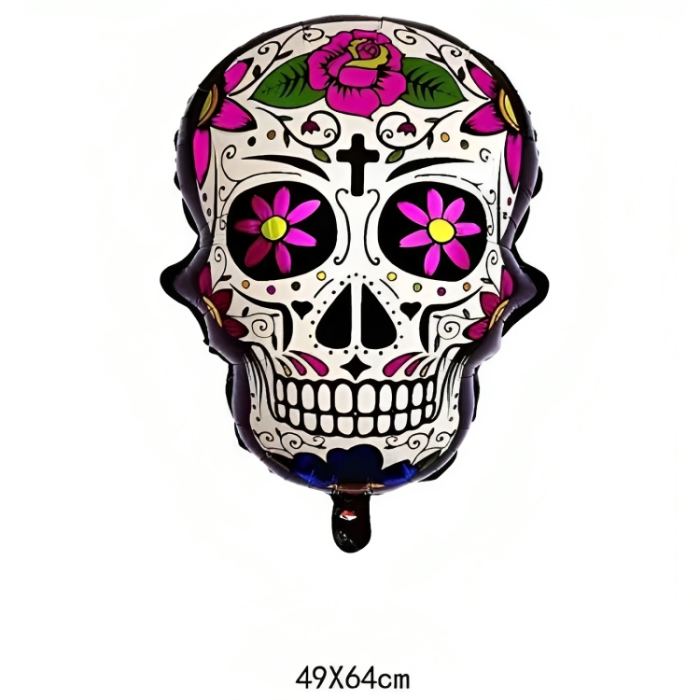 Aufblasbarer Day of the Dead Schädel mit pinkem Rosenmotiv