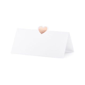 Weiße Platzkarte mit roségoldenem Herzmotiv 10 x - 10x5 cm