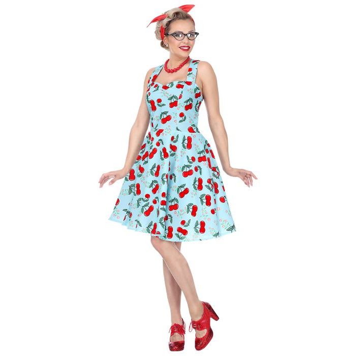 Blaues 50er Jahre Kleid Kostüm mit Kirschen