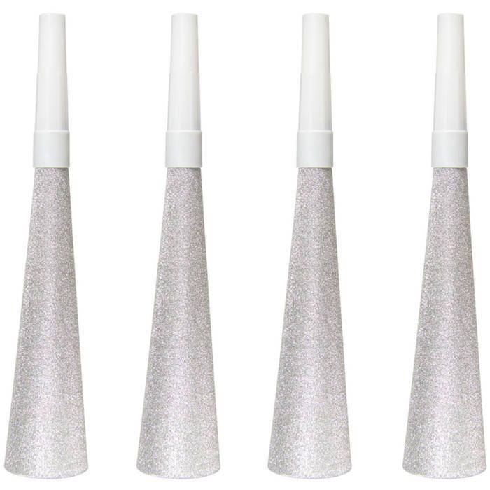Silberne Glitzer-Partypfeifen 4x - 19 cm