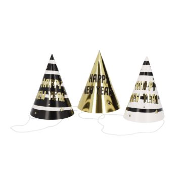Silvester Partyhüte schwarz und gold 6x - 10 cm