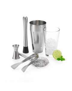 Cocktail Set inkl. Shaker, Glas, Sieb, Messlöffel und -becher, Eiszange