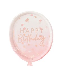 Pappteller "Happy Birthday" in Ballonform Roségold - 8 Stk. 29x24 cm