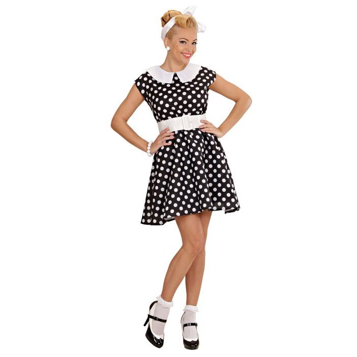 Schwarzes 50er Jahre Kleid Kostüm mit weißen Punkten - 2 Teile