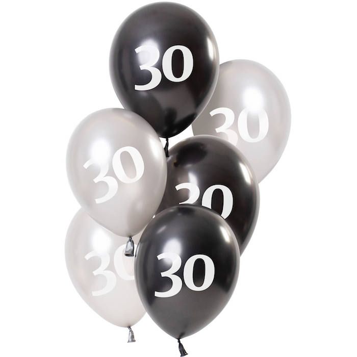 30 Jahre Ballons metallic Schwarz und Silber 6x - 23 cm