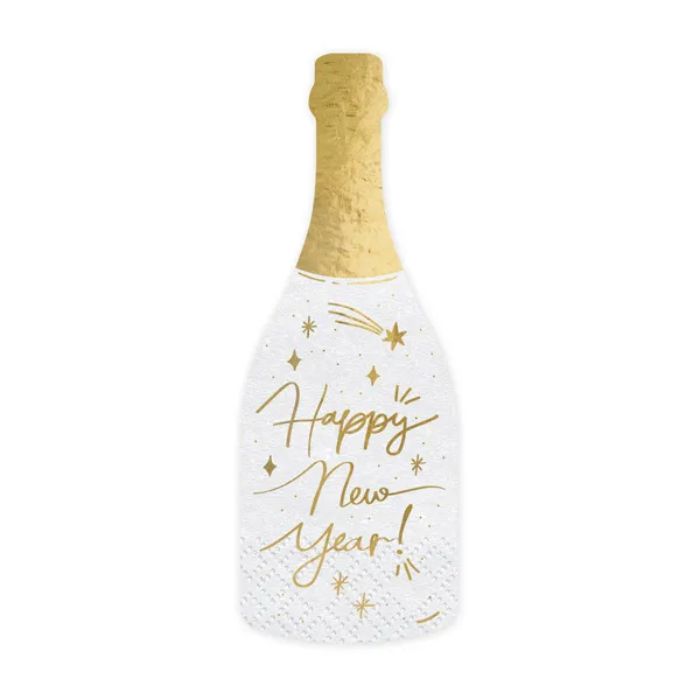 Champagnerflasche Servietten weiß mit Golddetails Silvester 20x - 7x19 cm