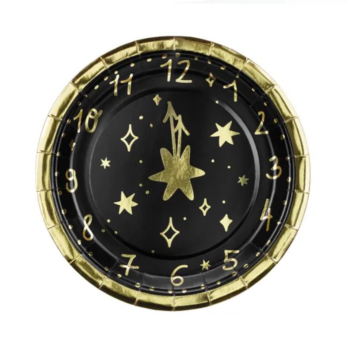 Einwegteller Silvester um 12 Uhr schwarz 6x - 18cm