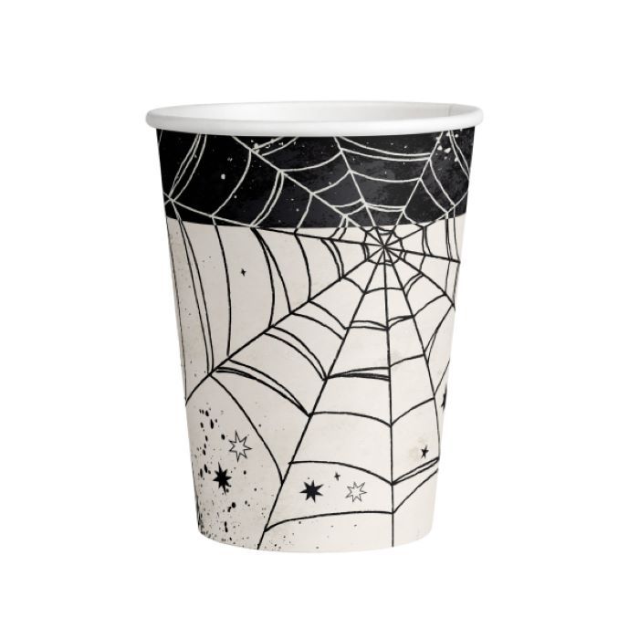 Weißer Halloween-Pappbecher mit Spinnennetz 8x - 250 ml