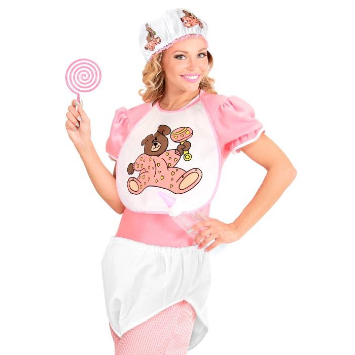 Hvidt og lyserødt voksenbaby kostume 3 dele - onesize