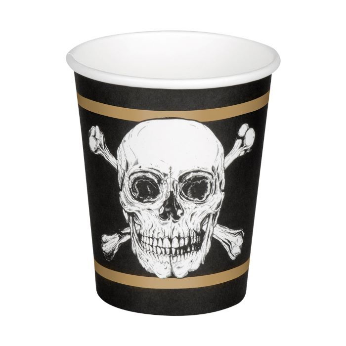 Pirat Becher mit Totenkopf und goldenen Streifen 10x - 210 ml