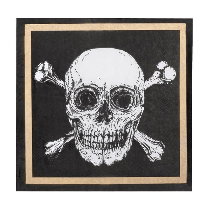 Totenkopf-Piratenservietten mit goldenem Rand 20x - 33x33 cm