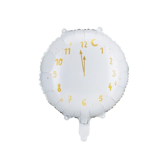 Weiße runde Uhr Folienballon mit goldenen Zeigern und Zahlen - 45 cm
