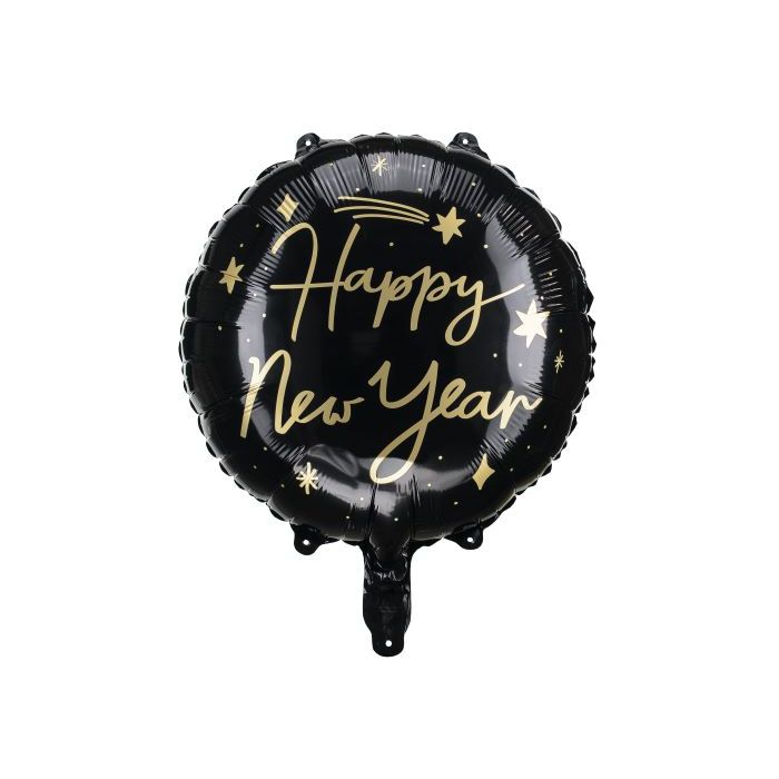 Schwarze runde Silvester Folienballon mit goldenen Sternen und Schrift - 45 cm
