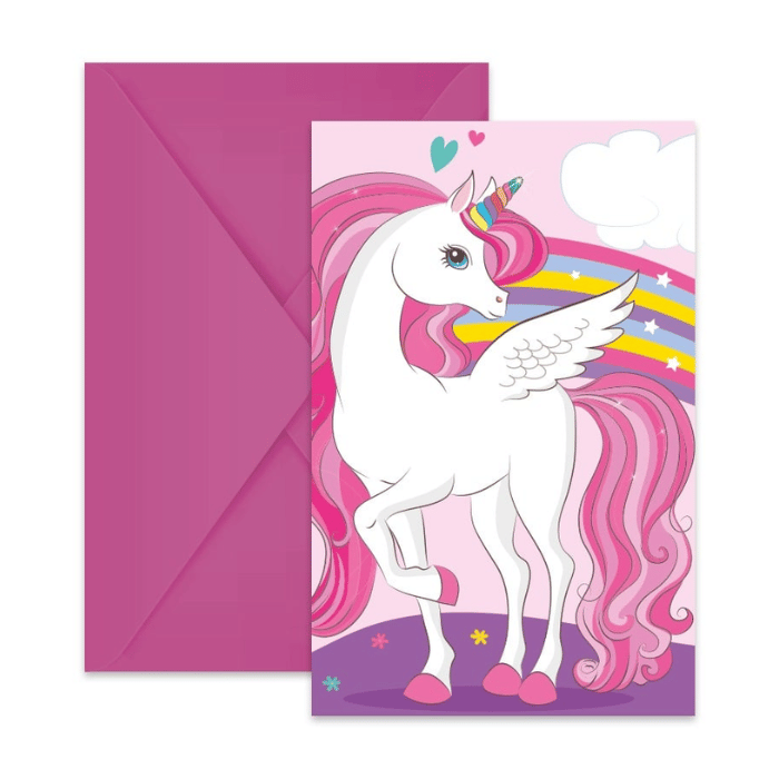 Pink enhjørning invitationer 6x - inkl. kuvert