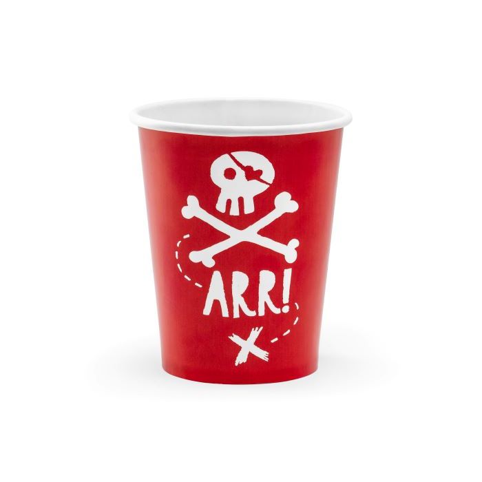 Rote Becher mit weißem Piratenmotiv 6x - 220 ml