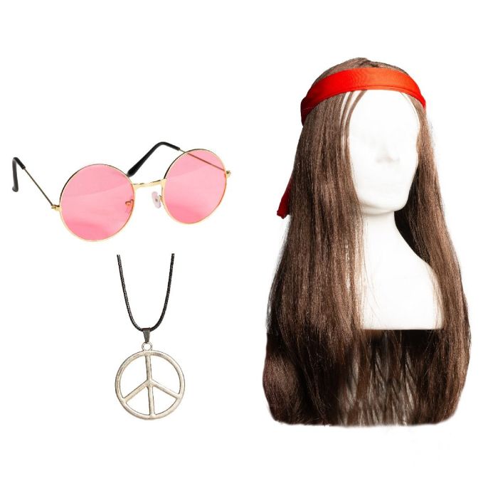 Hippie-Set inklusive Brille, Perücke mit Stirnband und Halskette für Herren