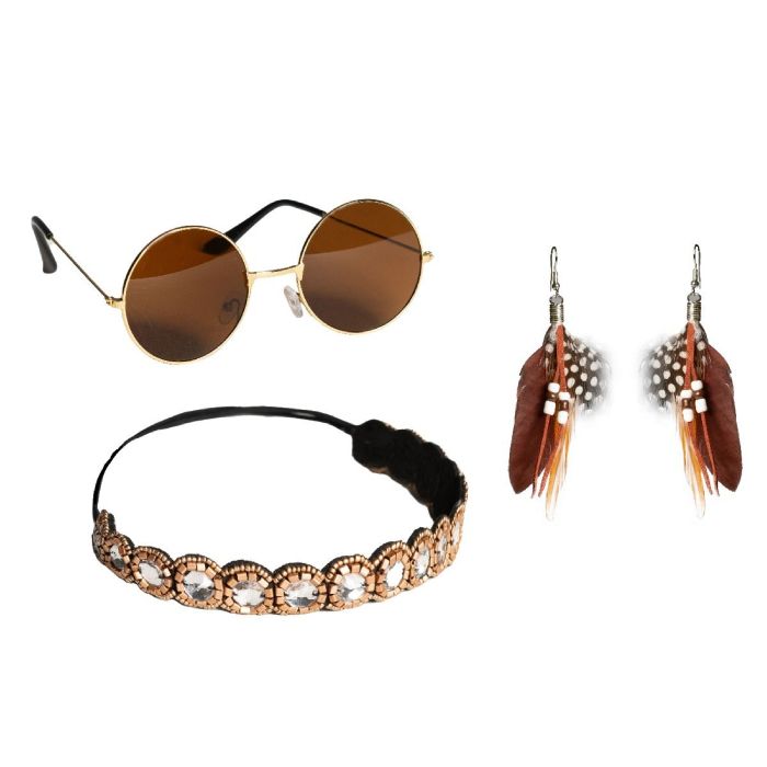 Hippie braunes Set inkl. Stirnband, Sonnenbrille und Ohrringe für Frauen