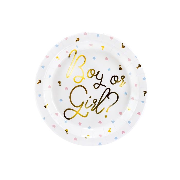 Weiße Gender-Reveal-Pappteller mit goldener Schrift und Motiven 6x - Ø 23 cm