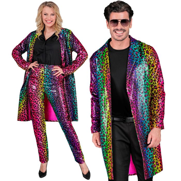 Regenbogenfarbener Paillettenmantel mit Leopardenmuster