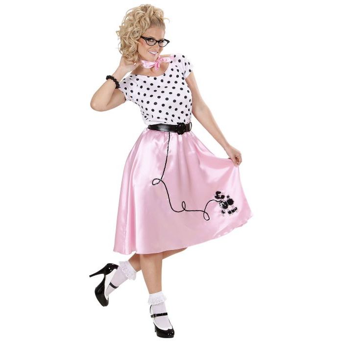Rosafarbenes 50er Jahre Kleid Kostüm mit Pudelmotiv und Punkten - 3 Teile