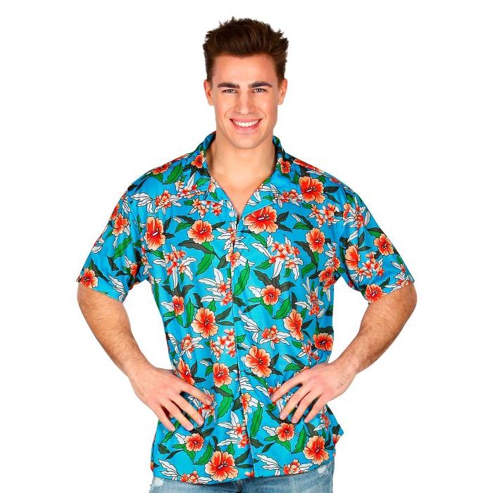 Blaue Hawaii-Hemden mit roten Blumen