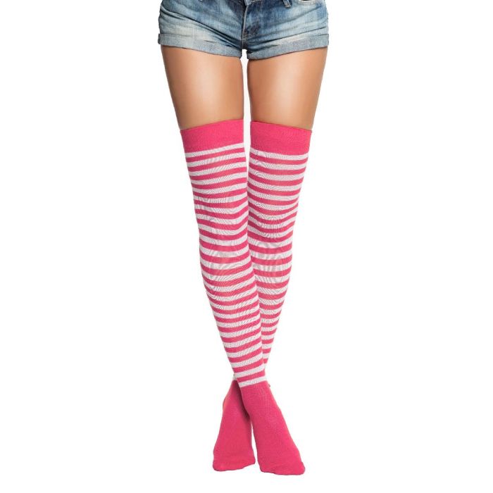 Overknee-Strümpfe Einheitsgröße neonpink und weiß