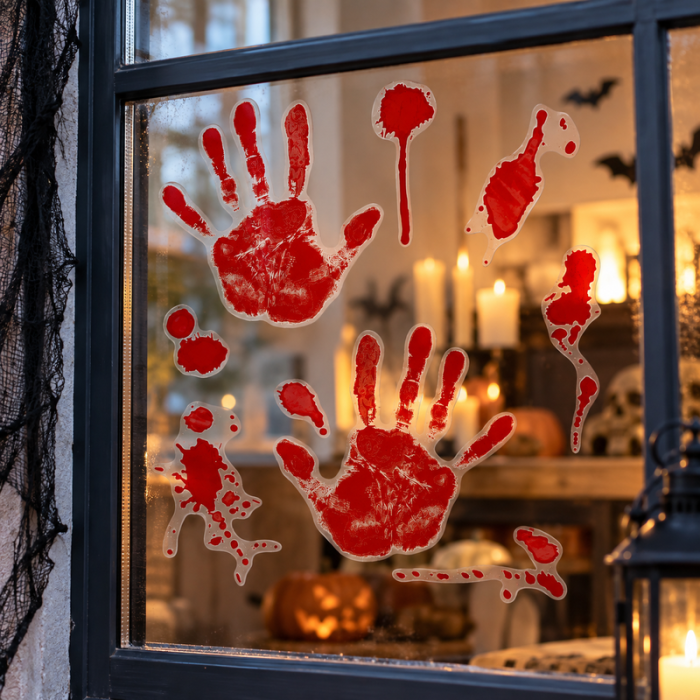 Fensteraufkleber mit blutigen Handabdrücken