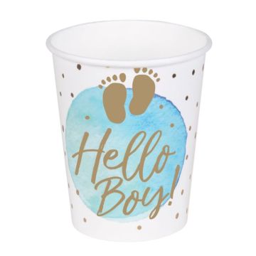 Weiße und blaue Papptasse mit Aufschrift für Jungen 10x - 210 ml