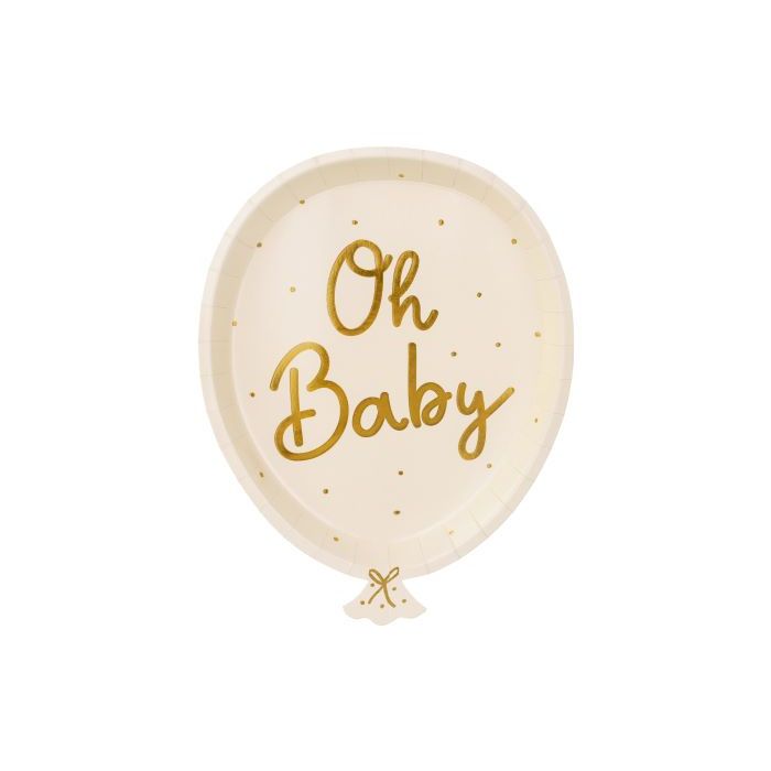Ballonförmige weiße Pappteller mit goldenen Punkten und goldener Schrift 6x - 22x17,5 cm