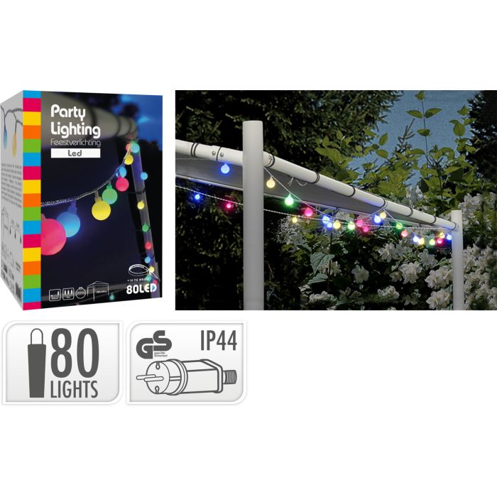 Lichterkette mit 80 LEDs in verschiedenen Farben und weißen Kugeln