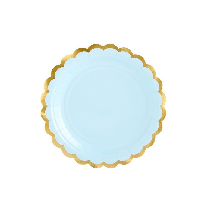 Hellblaue Pappgeschirr mit goldener Kante 6x - Ø 18 cm