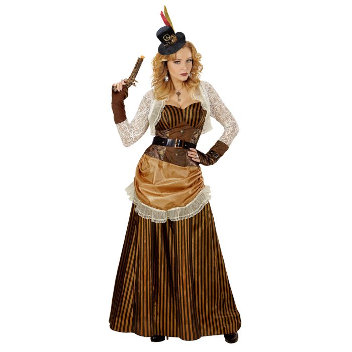 Gestreiftes Steampunk-Kleid in Braun und Gold