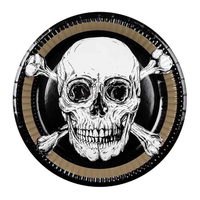Piratenschädel-Teller mit goldenem Rand 10x - Ø 23 cm