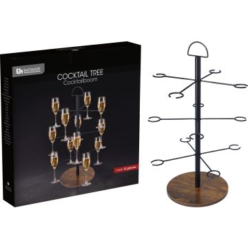 Cocktailbaum für 12 Gläser aus schwarzem Eisen mit Holzfuß