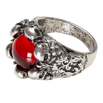 Perlenring mit roter Perle und Totenköpfen - Einheitsgröße