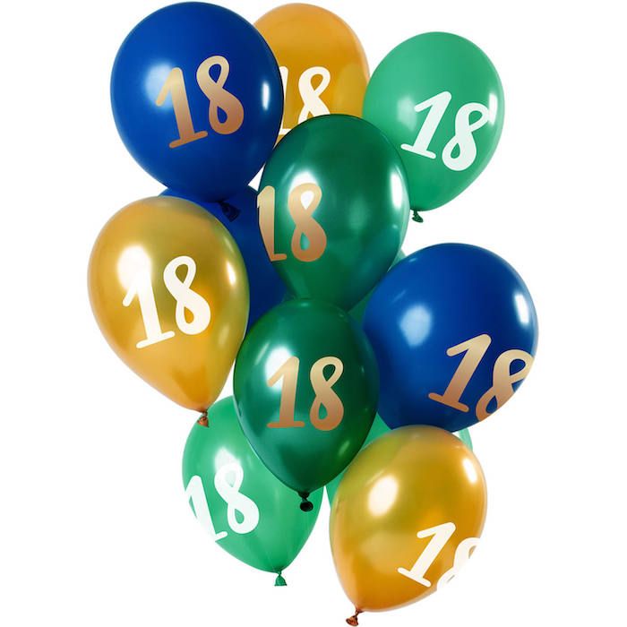 18 Jahre Ballons Grün, Blau und Gold 12x - 33 cm