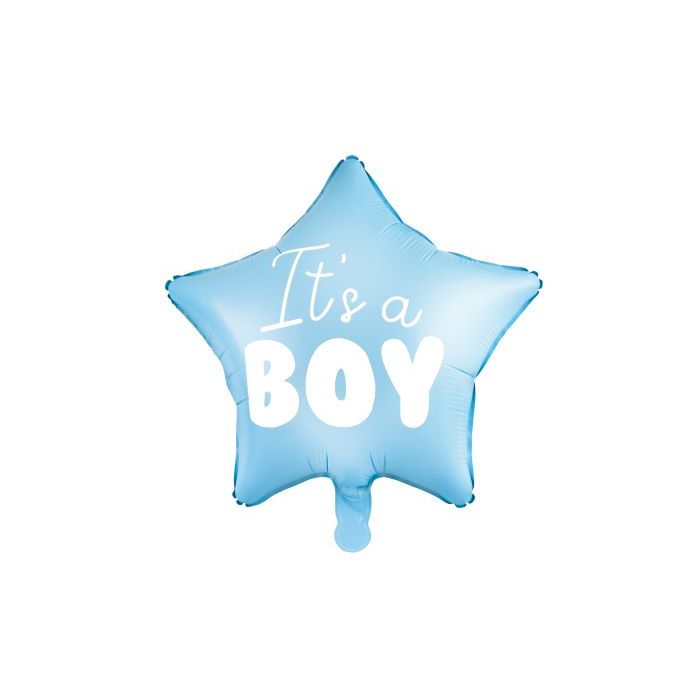 Hellblaue Babyshower-Stern-Folieballon mit weißer Schrift Junge - 48 m