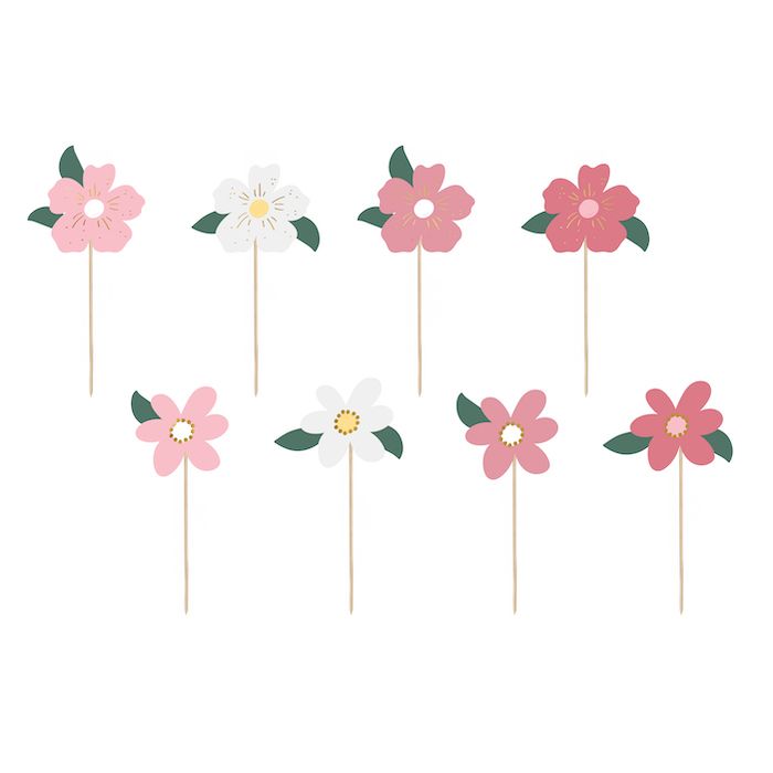 Rosa Blumen auf Holzstäbchen 8x - 14 cm