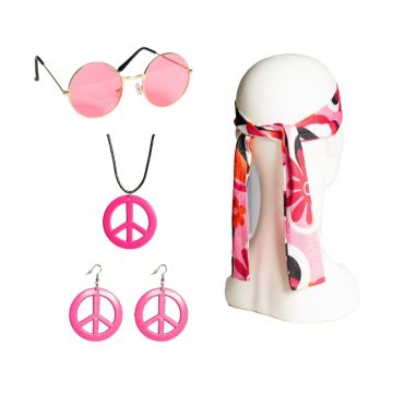 Hippie-Peace-Pink-Set inkl. Kopfband, Brille, Ohrringe, Halskette