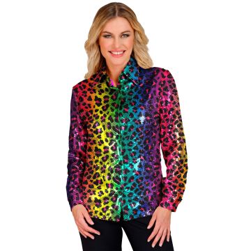 Leopard-Paillettenshirt für Damen in Regenbogenfarben