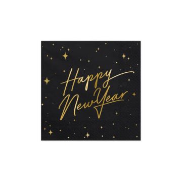 Silvester Servietten Happy New Year schwarz 20x - 33x33 cm