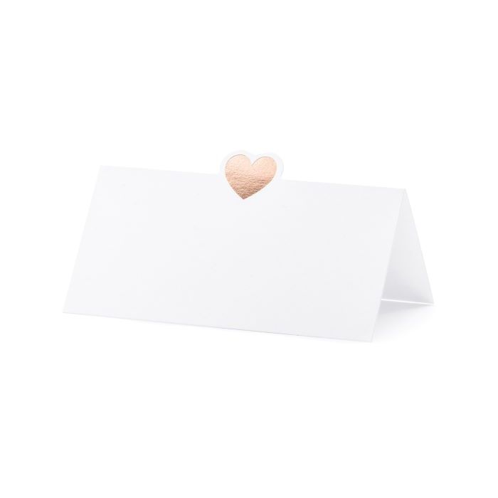 Weiße Platzkarte mit roségoldenem Herzmotiv 10 x - 10x5 cm